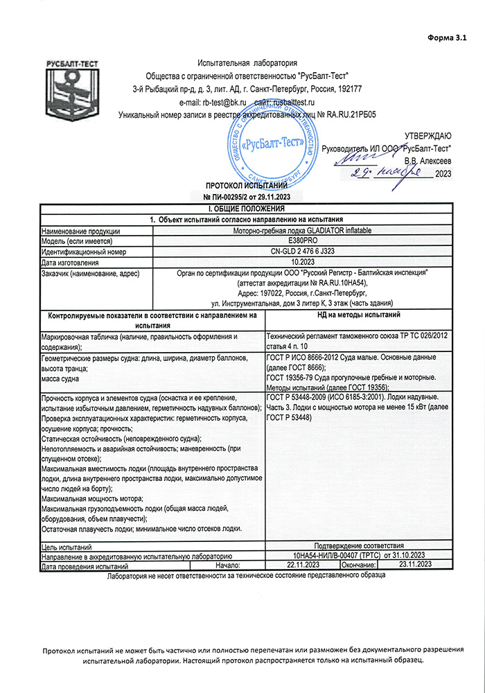 Фото документа Протокол испытаний № ПИ-00295/2 от 29.11.2023